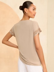 Love & Roses Camel Sequin Cuff Jersey Top - Image 3 of 4