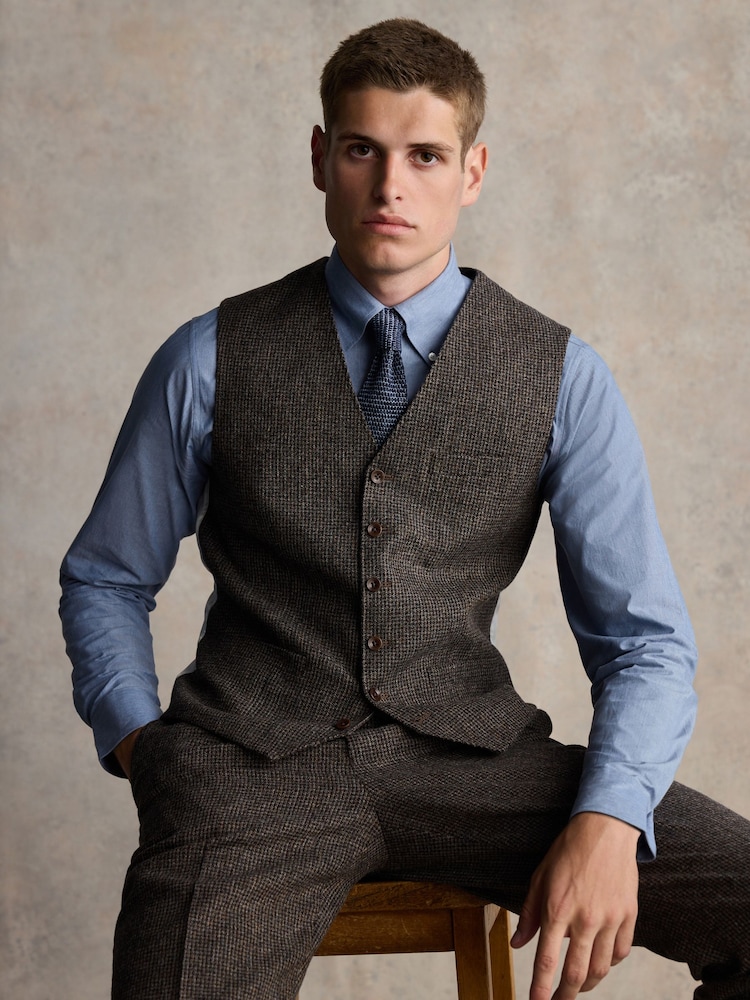 Barbour® Brown Slim Fit Textured Suit Waistcoat - Image 1 of 8
