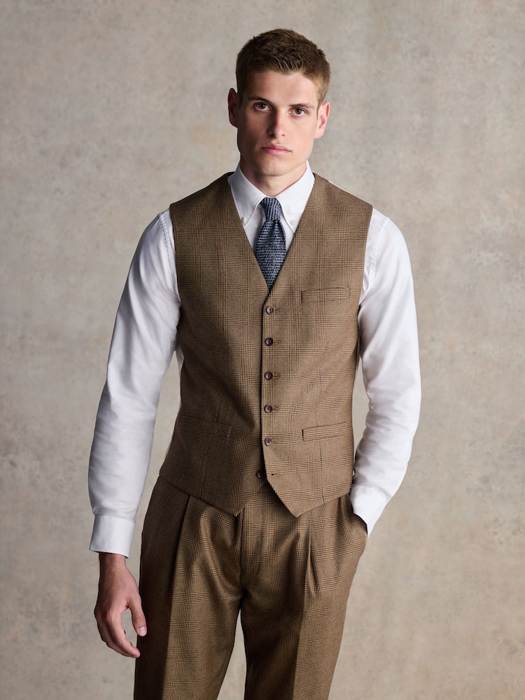 Barbour® Taupe Brown Slim Fit Check Suit Waistcoat - Image 1 of 9