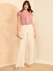 Love & Roses Rose Pink Ruffle Trim V Neck Flutter Sleeve Blouse - Image 3 of 4