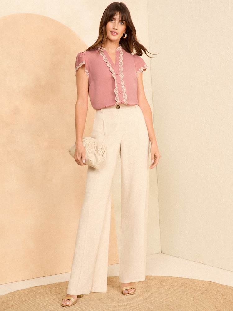 Love & Roses Rose Pink Ruffle Trim V Neck Flutter Sleeve Blouse - Image 3 of 4