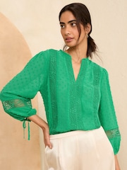 Love & Roses Green Ruffle Neck Lace Trim Tie Cuff 3/4 Sleeve Dobby Spot Blouse - Image 1 of 4