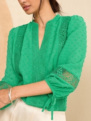 Love & Roses Green Ruffle Neck Lace Trim Tie Cuff 3/4 Sleeve Dobby Spot Blouse - Image 2 of 4