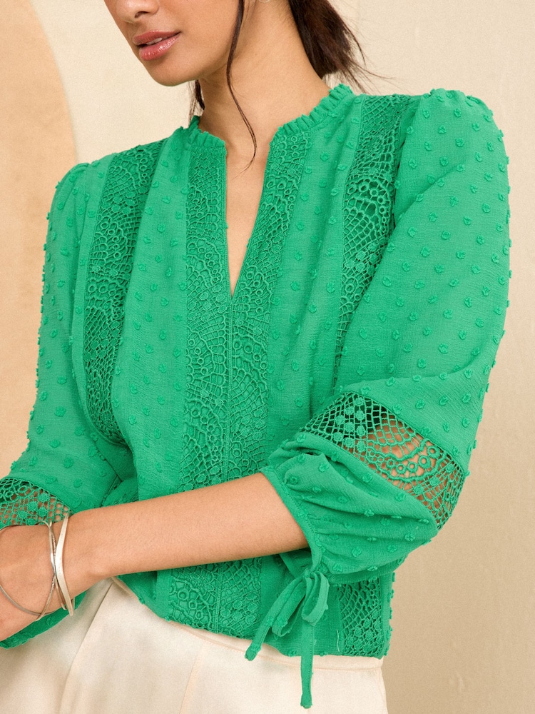 Love & Roses Green Ruffle Neck Lace Trim Tie Cuff 3/4 Sleeve Dobby Spot Blouse - Image 2 of 4 Love & Roses Green Ruffle Neck Lace Trim Tie Cuff 3/4 Sleeve Dobby Spot Blouse - Image 2 of 4