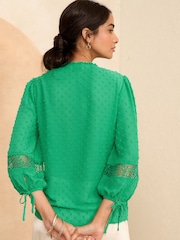 Love & Roses Green Ruffle Neck Lace Trim Tie Cuff 3/4 Sleeve Dobby Spot Blouse - Image 3 of 4