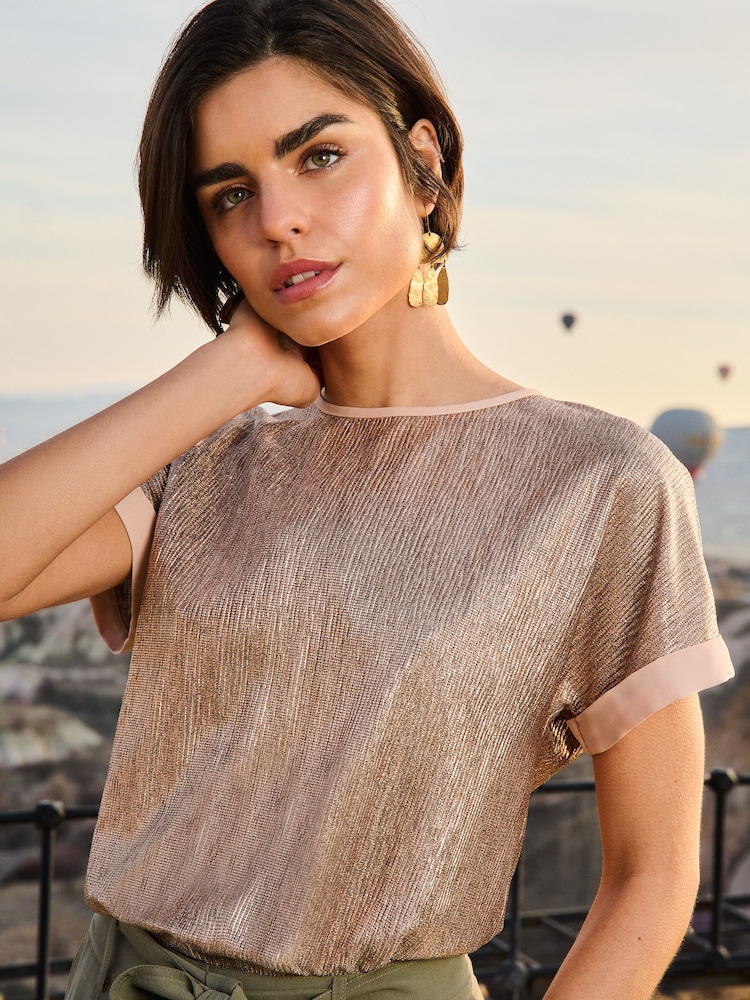 Love & Roses Bow Back Rose Gold Roll Sleeve T-Shirt - Image 2 of 4 Love & Roses Bow Back Rose Gold Roll Sleeve T-Shirt - Image 2 of 4