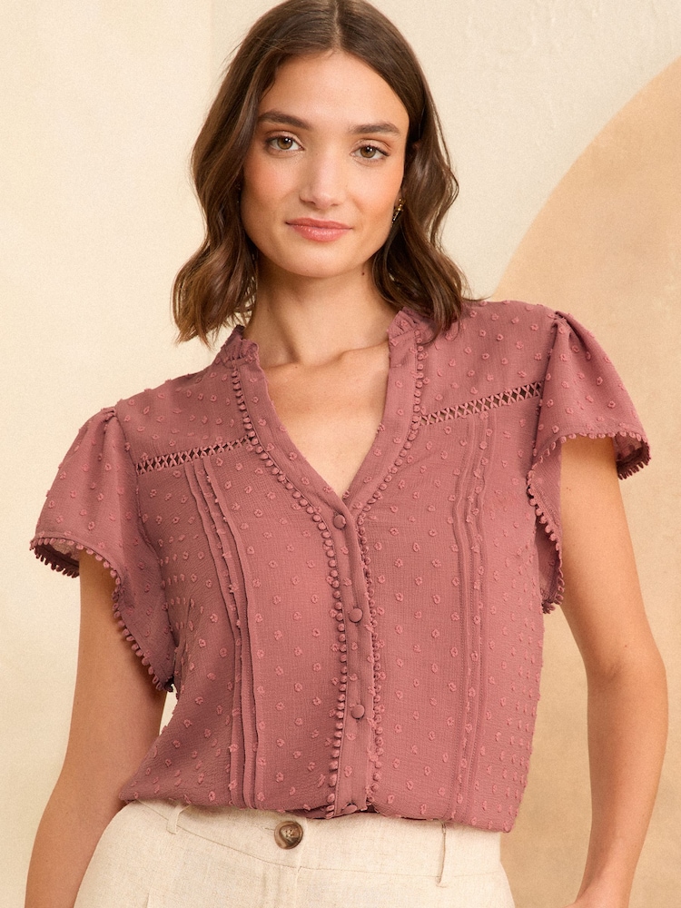 Love & Roses Pink Dobby Flutter Sleeve Lace Trim Blouse - Image 1 of 4 Love & Roses Pink Dobby Flutter Sleeve Lace Trim Blouse - Image 1 of 4