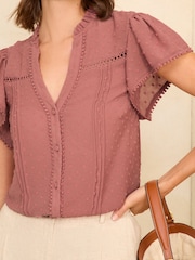 Love & Roses Pink Dobby Flutter Sleeve Lace Trim Blouse - Image 2 of 4