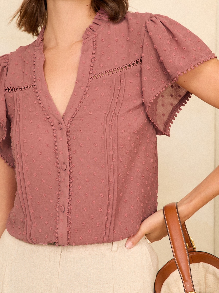 Love & Roses Pink Dobby Flutter Sleeve Lace Trim Blouse - Image 2 of 4 Love & Roses Pink Dobby Flutter Sleeve Lace Trim Blouse - Image 2 of 4