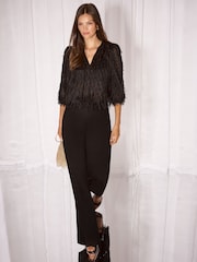 Lipsy Black Textured Fringe Tie Neck Blouse - Image 2 of 5