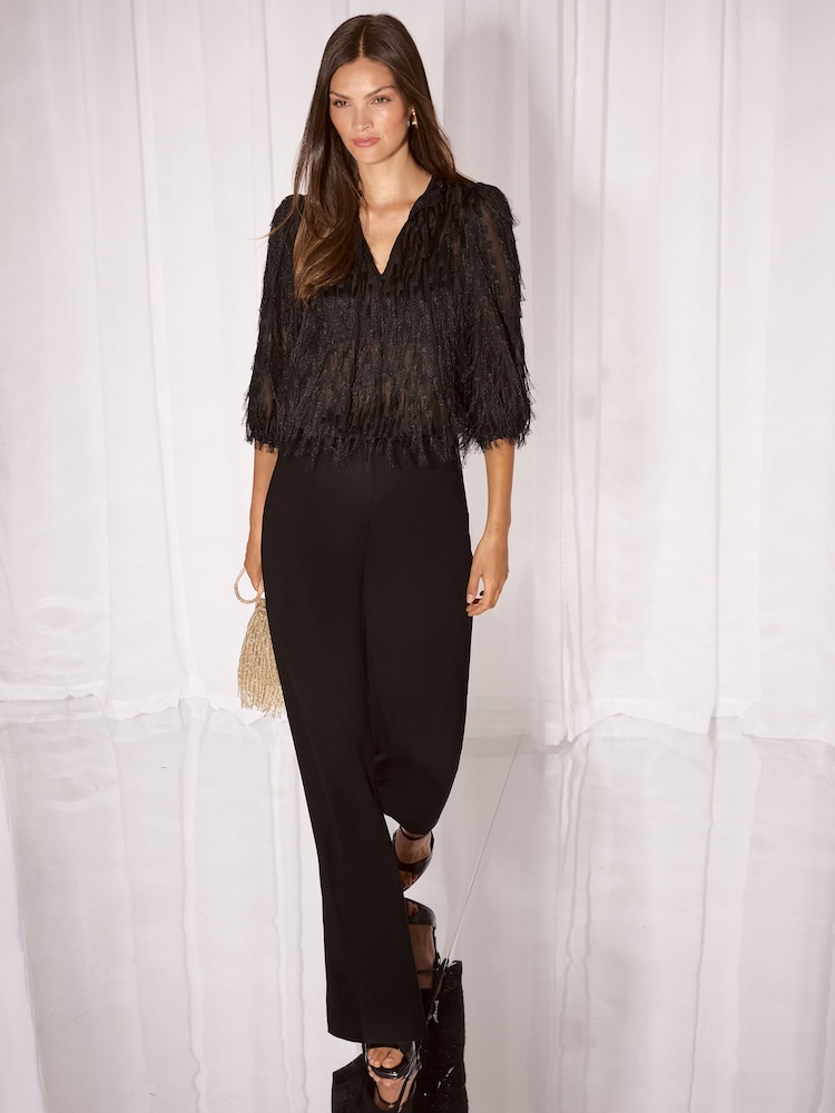 Lipsy Black Textured Fringe Tie Neck Blouse - Image 2 of 5