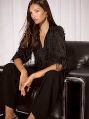 Lipsy Black Textured Fringe Tie Neck Blouse - Image 3 of 5