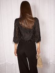 Lipsy Black Textured Fringe Tie Neck Blouse - Image 4 of 5