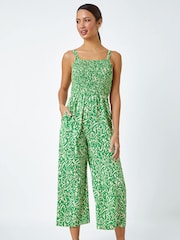 Roman Green Patterned Print Crop Stretch Jumpsuit - Image 1 of 5
