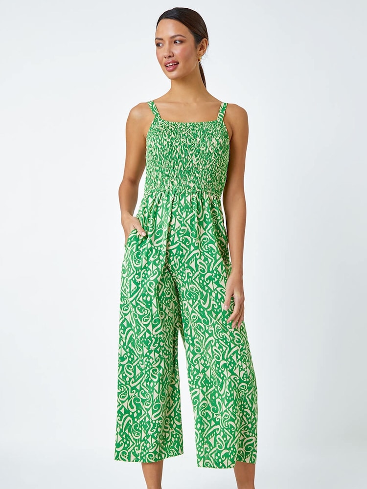 Roman Green Patterned Print Crop Stretch Jumpsuit - Image 1 of 5