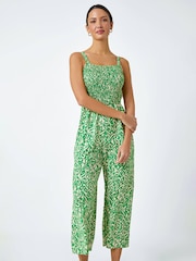 Roman Green Patterned Print Crop Stretch Jumpsuit - Image 2 of 5