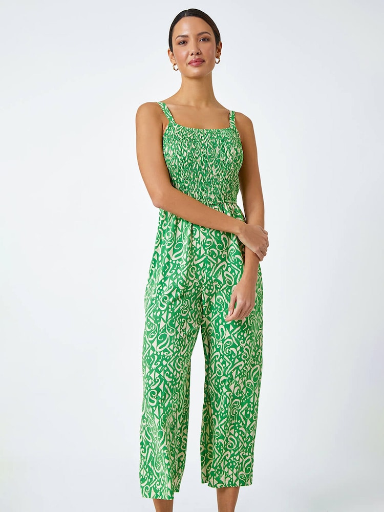 Roman Green Patterned Print Crop Stretch Jumpsuit - Image 2 of 5