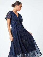Roman Blue Textured Spot Twist Front Midi Dress - Image 1 of 5