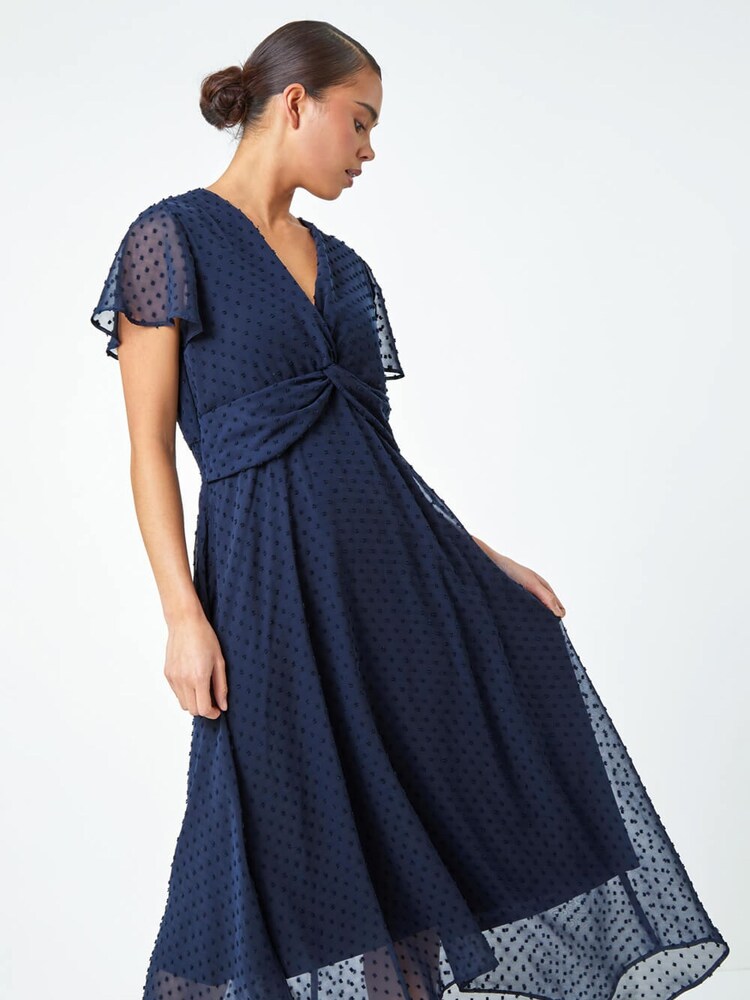 Roman Blue Textured Spot Twist Front Midi Dress - Image 1 of 5