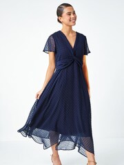 Roman Blue Textured Spot Twist Front Midi Dress - Image 2 of 5