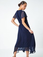 Roman Blue Textured Spot Twist Front Midi Dress - Image 3 of 5