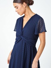 Roman Blue Textured Spot Twist Front Midi Dress - Image 4 of 5