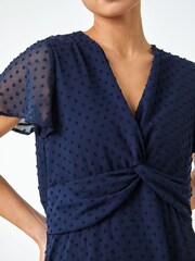 Roman Blue Textured Spot Twist Front Midi Dress - Image 5 of 5