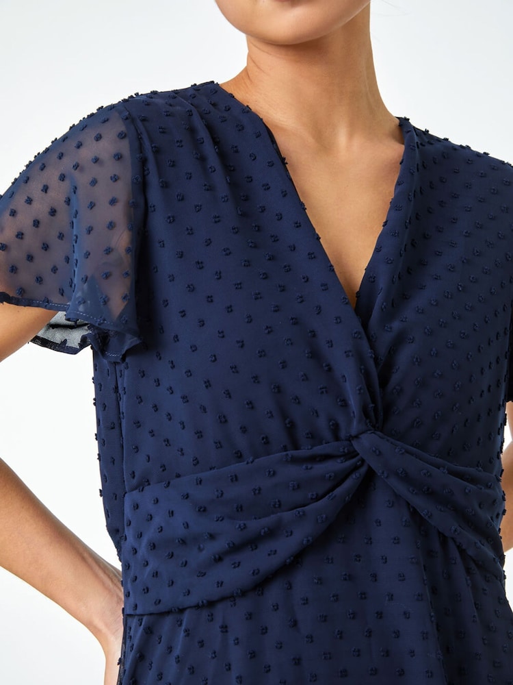 Roman Blue Textured Spot Twist Front Midi Dress - Image 5 of 5