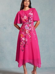 V&A | Love & Roses Pink Placement Print Flutter Sleeve Midi Dress - Image 1 of 4