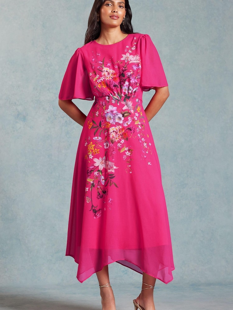V&A | Love & Roses Pink Placement Print Flutter Sleeve Midi Dress - Image 1 of 4