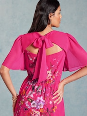 V&A | Love & Roses Pink Placement Print Flutter Sleeve Midi Dress - Image 2 of 4