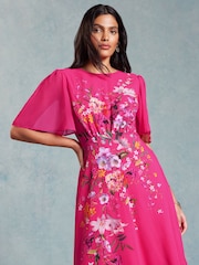 V&A | Love & Roses Pink Placement Print Flutter Sleeve Midi Dress - Image 3 of 4