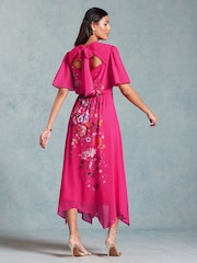 V&A | Love & Roses Pink Placement Print Flutter Sleeve Midi Dress - Image 4 of 4