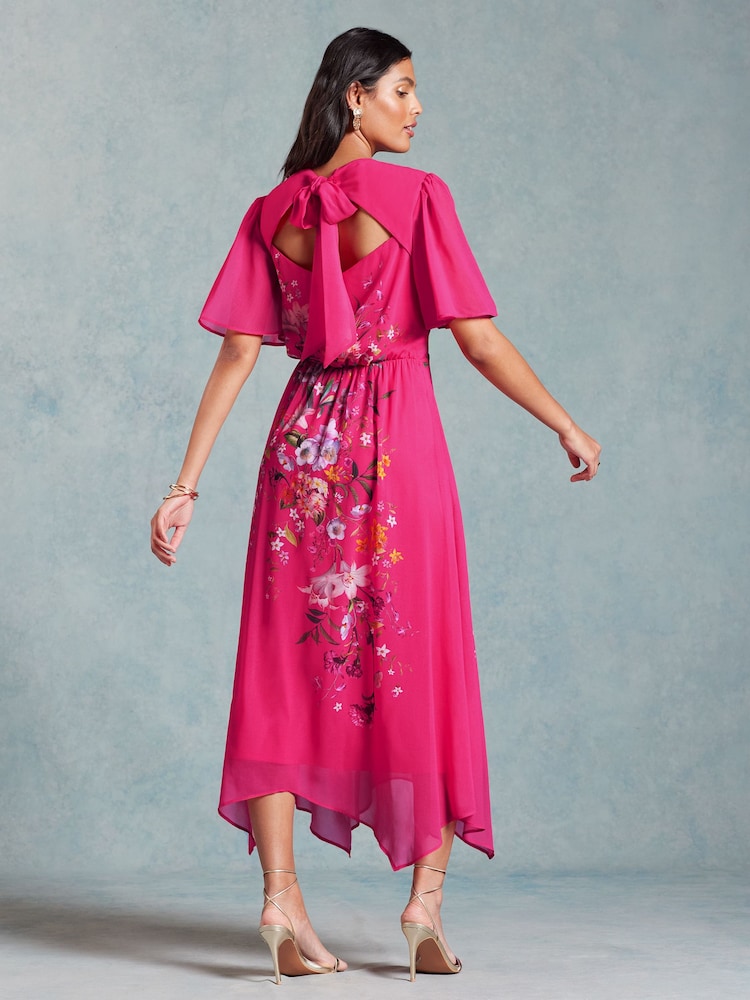 V&A | Love & Roses Pink Placement Print Flutter Sleeve Midi Dress - Image 4 of 4