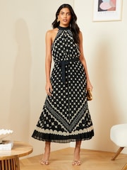 Love & Roses Black/White Polka Dot Pleated Halterneck Maxi Dress - Image 1 of 4