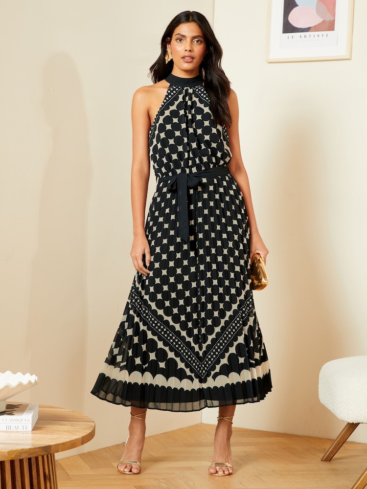 Love & Roses Black/White Polka Dot Pleated Halterneck Maxi Dress - Image 1 of 4