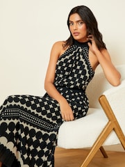 Love & Roses Black/White Polka Dot Pleated Halterneck Maxi Dress - Image 4 of 4