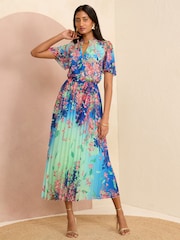 Love & Roses Blue Floral V Neck Pleated Midi Dress - Image 1 of 4