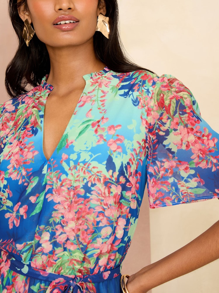 Love & Roses Blue Floral V Neck Pleated Midi Dress - Image 2 of 4 Love & Roses Blue Floral V Neck Pleated Midi Dress - Image 2 of 4