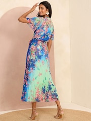Love & Roses Blue Floral V Neck Pleated Midi Dress - Image 3 of 4