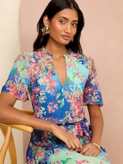 Love & Roses Blue Floral V Neck Pleated Midi Dress - Image 4 of 4