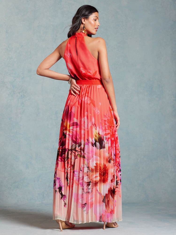 Love & Roses Orange Floral Petite Pleated Halterneck Maxi Dress - Image 2 of 4 Love & Roses Orange Floral Petite Pleated Halterneck Maxi Dress - Image 2 of 4