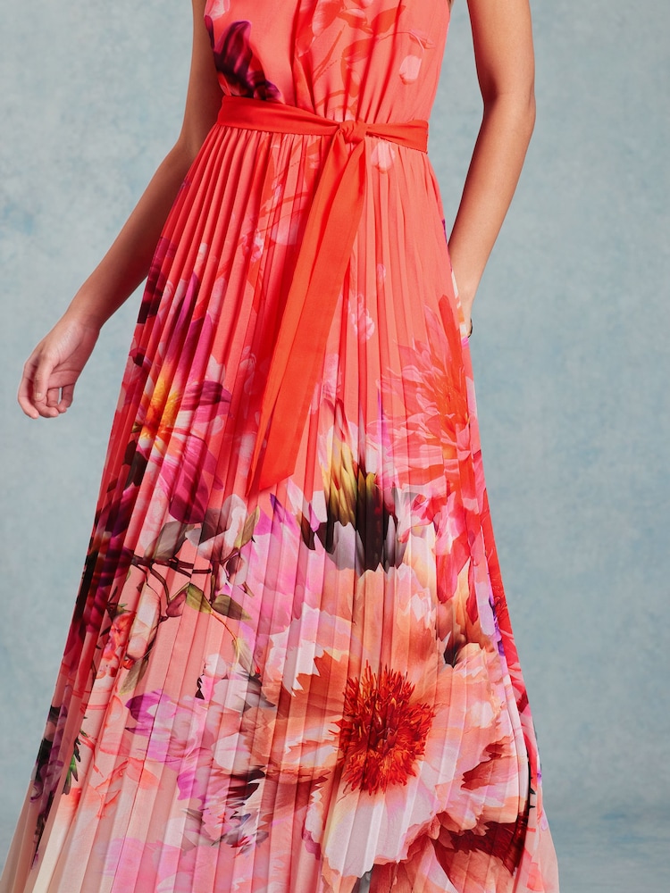 Love & Roses Orange Floral Petite Pleated Halterneck Maxi Dress - Image 4 of 4 Love & Roses Orange Floral Petite Pleated Halterneck Maxi Dress - Image 4 of 4