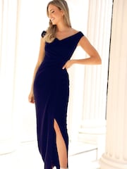 Sistaglam Blue Petite Bardot Wrap Maxi Dress With Knot Detail - Image 3 of 4