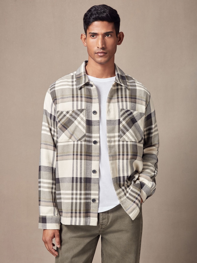 Green/Ecru 100% Cotton Check Twill Shacket Overshirt - Image 1 of 9