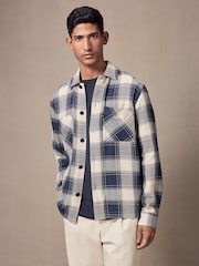 Blue/Ecru 100% Cotton Check Twill Shacket Overshirt - Image 1 of 9
