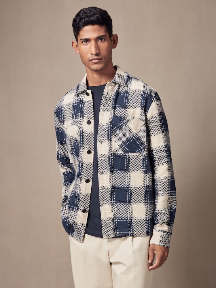 Blue/Ecru 100% Cotton Check Twill Shacket Overshirt - Image 1 of 9
