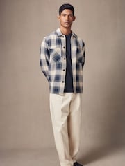 Blue/Ecru 100% Cotton Check Twill Shacket Overshirt - Image 2 of 9