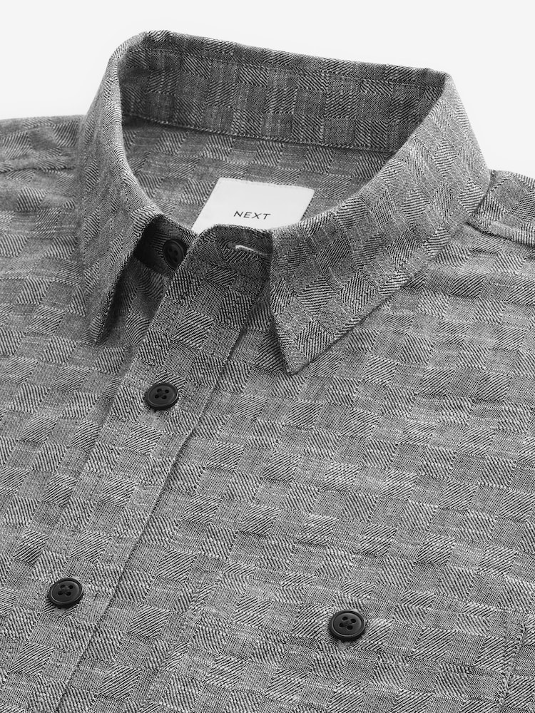 Grey Textured Check Long Sleeve 100% Cotton Shirt - Image 7 of 7 Grey Textured Check Long Sleeve 100% Cotton Shirt - Image 7 of 7