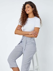 Roman Blue Stripe Print Tie Waist Cropped Trousers - Image 1 of 5